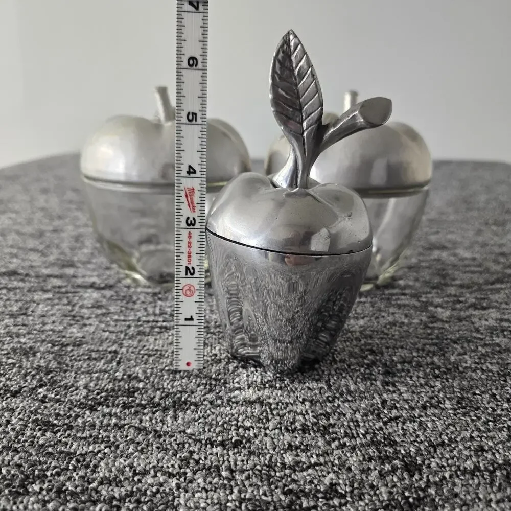 2 Decorative Glass & Pewter Apple Jars & 1 Solid Pewter Trinket Box Leaf Stems